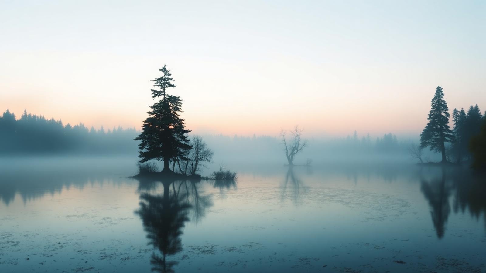 Lac brumeux à l'aube